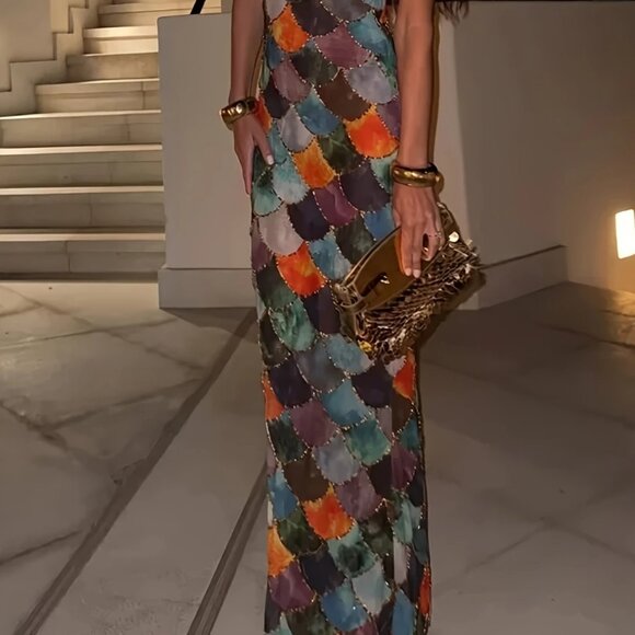 Gorgeous Multicolor Fishscale Maxi Dress  M - Picture 2 of 10